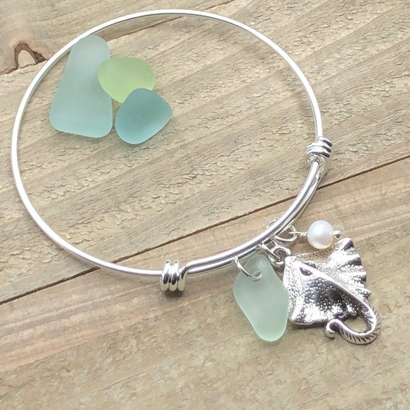 Artisan Jewelry - Sea Glass And Pearl Stingray Charm Bracelet| Genuine Seaglass Jewelry Bangle